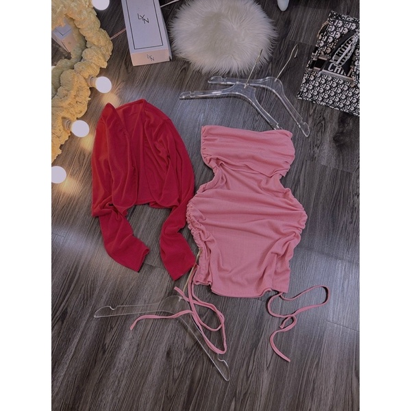 Set Đầm 2 Dây Xoén Ngực Nhún Rút 2 Bên Kèm Khoác Croptop Siêu Phẩm 4567