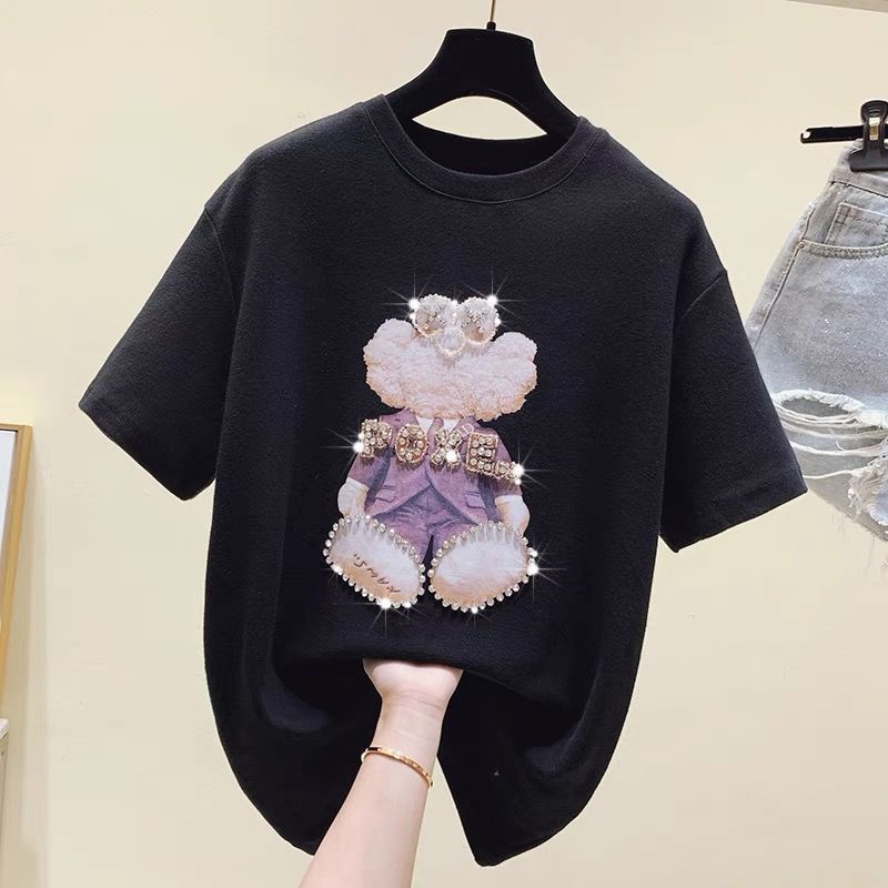 Cotton short-sleeved t-shirt women's foreign style 2022 summer new Korean version loose beaded diamond fashion top trendy ins