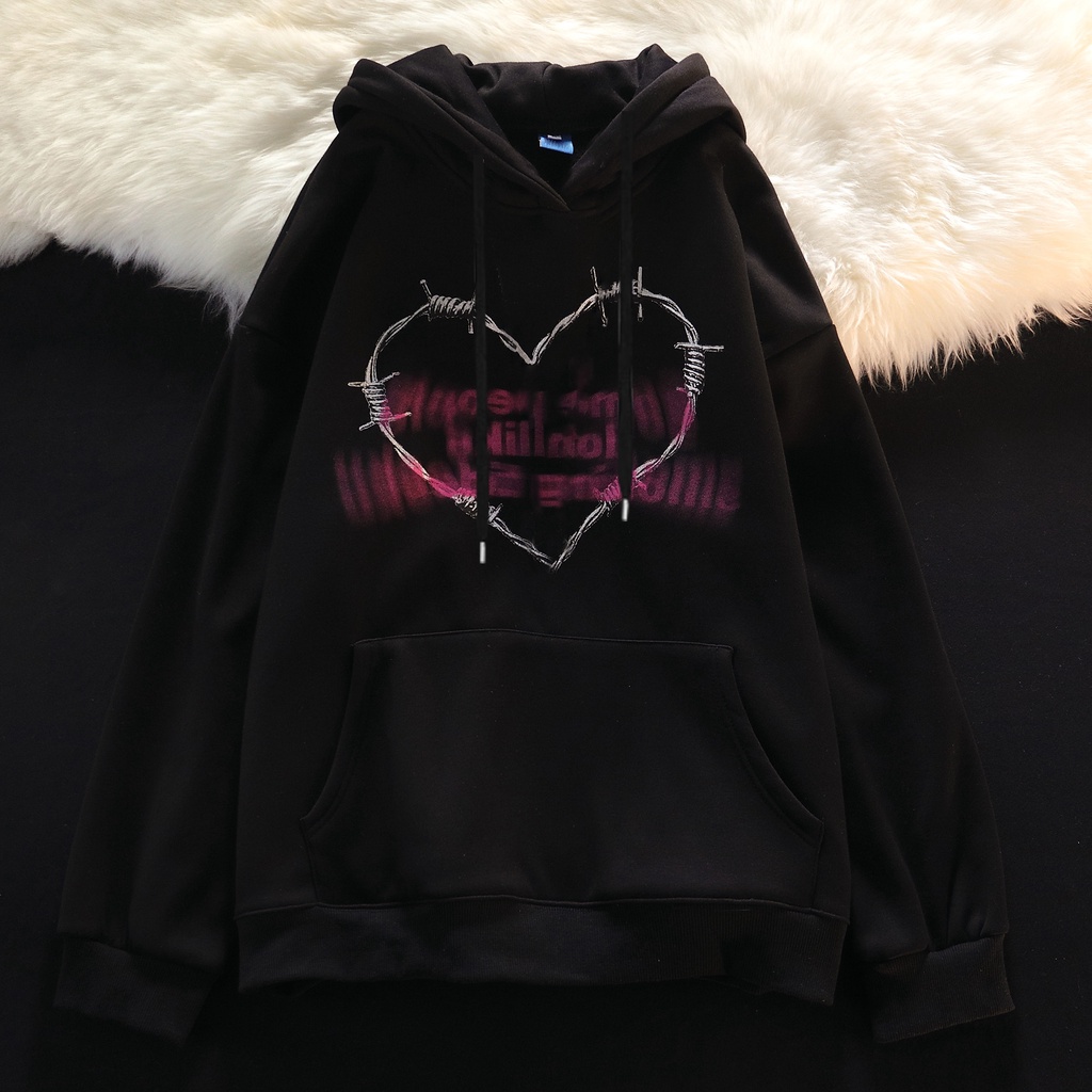 Áo hoodie PEWARN dáng rộng có in họa tiết trái tim phong cách harajuku dành cho nam và nữ