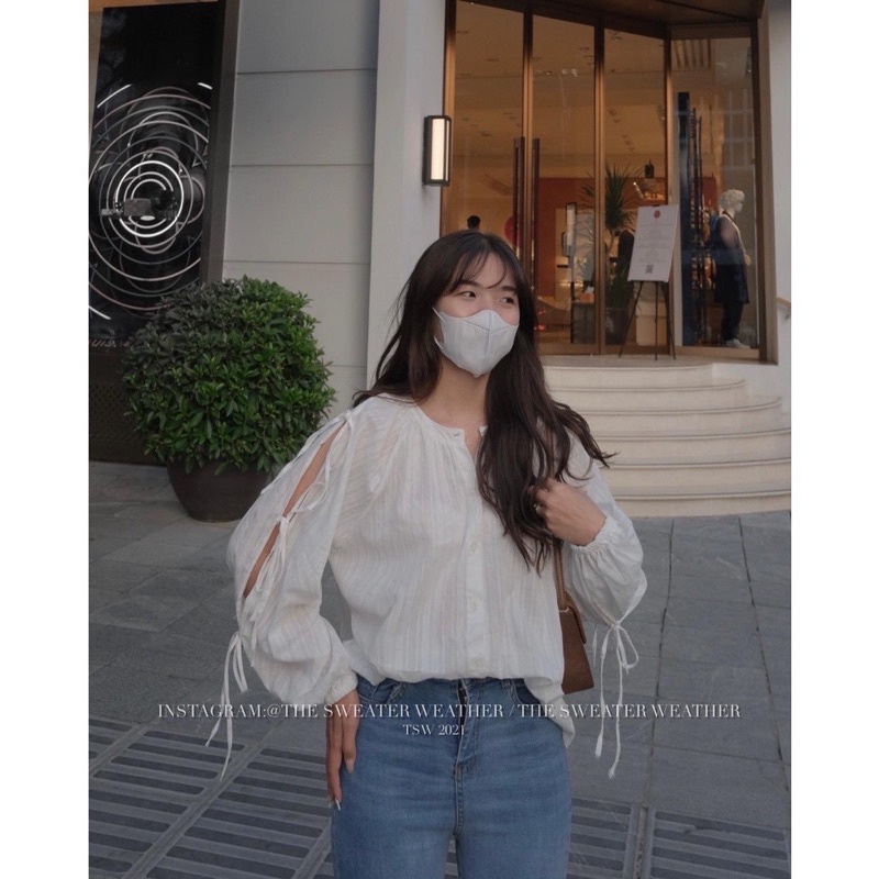 [ Ảnh thật] Áo sơmi chất linen cổ tròn tay bồng thắt nơ phong cách Hàn Quốc, Áo sơmi trắng Cuastore.vn