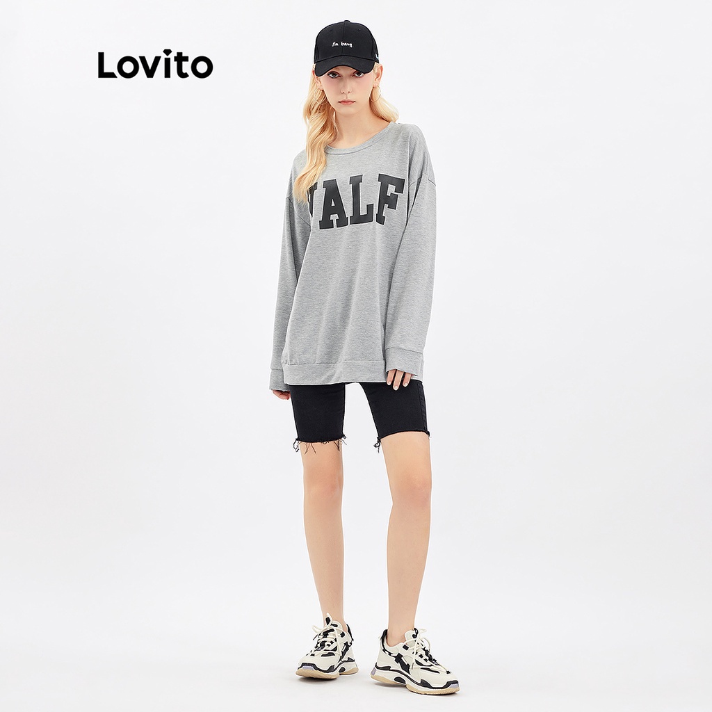 [Hàng có sẵn] Lovito Áo len cổ thuyền chữ Loose L30AD010 (Xám)