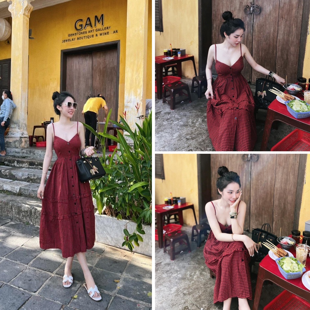 Đầm 2 dây đỏ kẻ caro bèo tầng cúc ngực váy maxi nữ sexy DN265