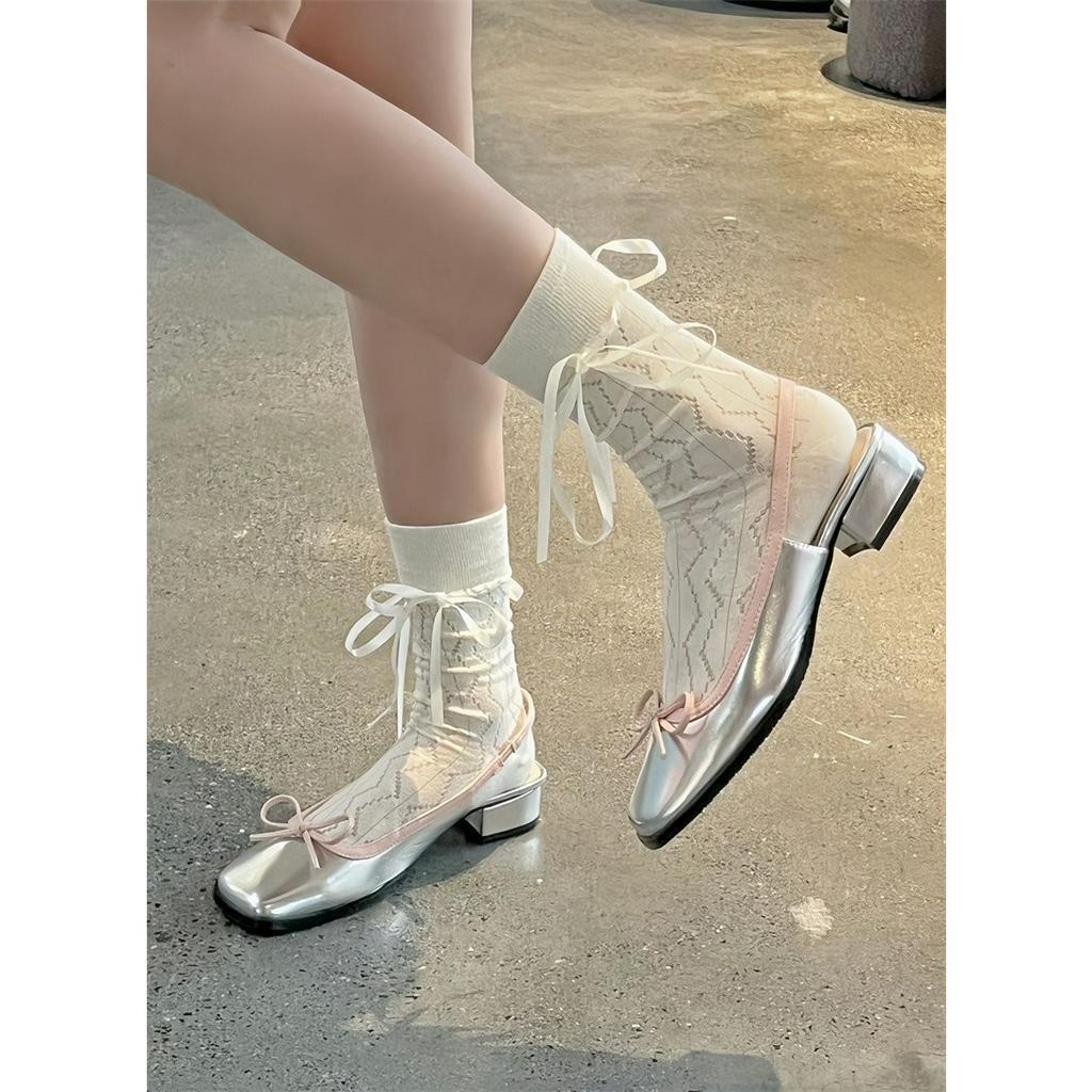 Giày Búp Bê Mũi Vuông Đính Nơ Hở Lưng Thời Trang 23