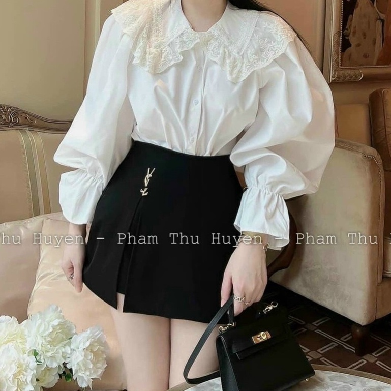 Chân váy chữ A đính cúc hoa chất sịn. Có quần lót trong bo chun không sợ lộ