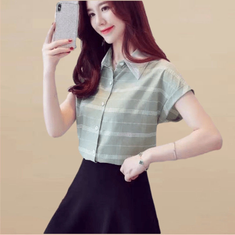 Áo sơ mi voan tay ngắn kẻ sọc che bụng thời trang mùa hè 2021 phong cách nước ngoài cho nữ