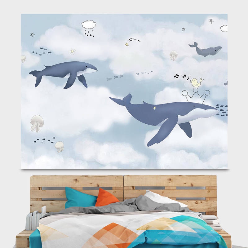 Tấm Vải Treo Tường Họa Tiết Hoạt Hình Cá Voi / Trái Tim / Ngôi Sao Trang Trí Phòng Ngủ Cho Bé Gái