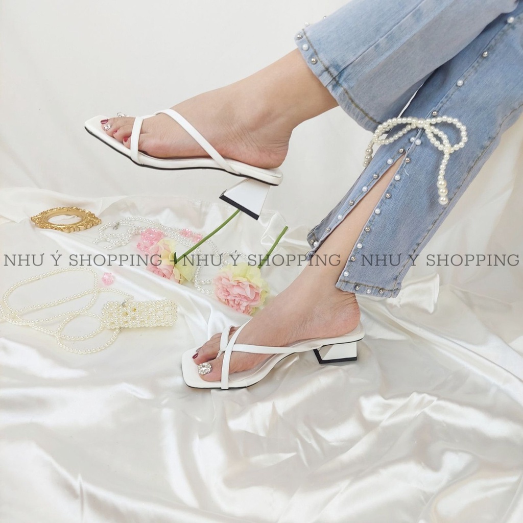Giày sandal nữ xỏ ngón cao 3cm thời trang quai mảnh gót vuông cách điệu