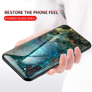 For Samsung Galaxy Note 10 Plus/10+ Glossy Marble Pattern Hard Tempered Glass Soft Frame Phone Case