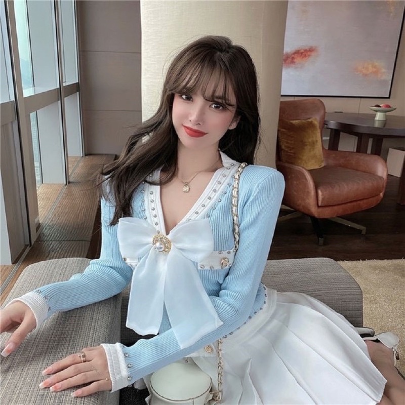 ☘️Áo Len Dệt Kim Nữ Dài Tay Cổ Đính Đá Kèm Nơ Ngực Tiểu Thư Hàn Quốc