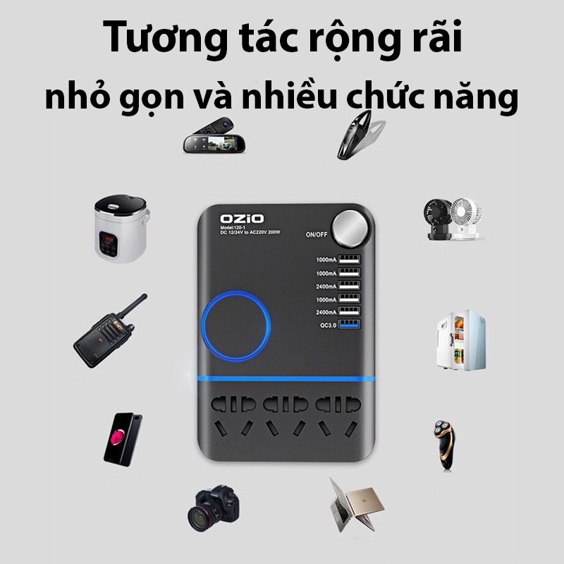 Bộ Biến Tần Ô Tô 12/24V Sang 220V, Bộ Chuyển Đổi Dòng Điện Từ 12V Sang 220 V Công Suất 200W, Hỗ Trợ Sạc Nhanh QC 3.0