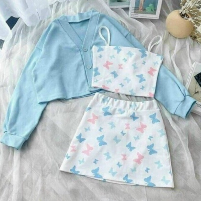 Set Ba Món Áo Hai Dây Croptop - Chân Váy A  Kèm Áo Khoác hoạ tiết bướm 🦋🦋🦋🦋Ma:N97789