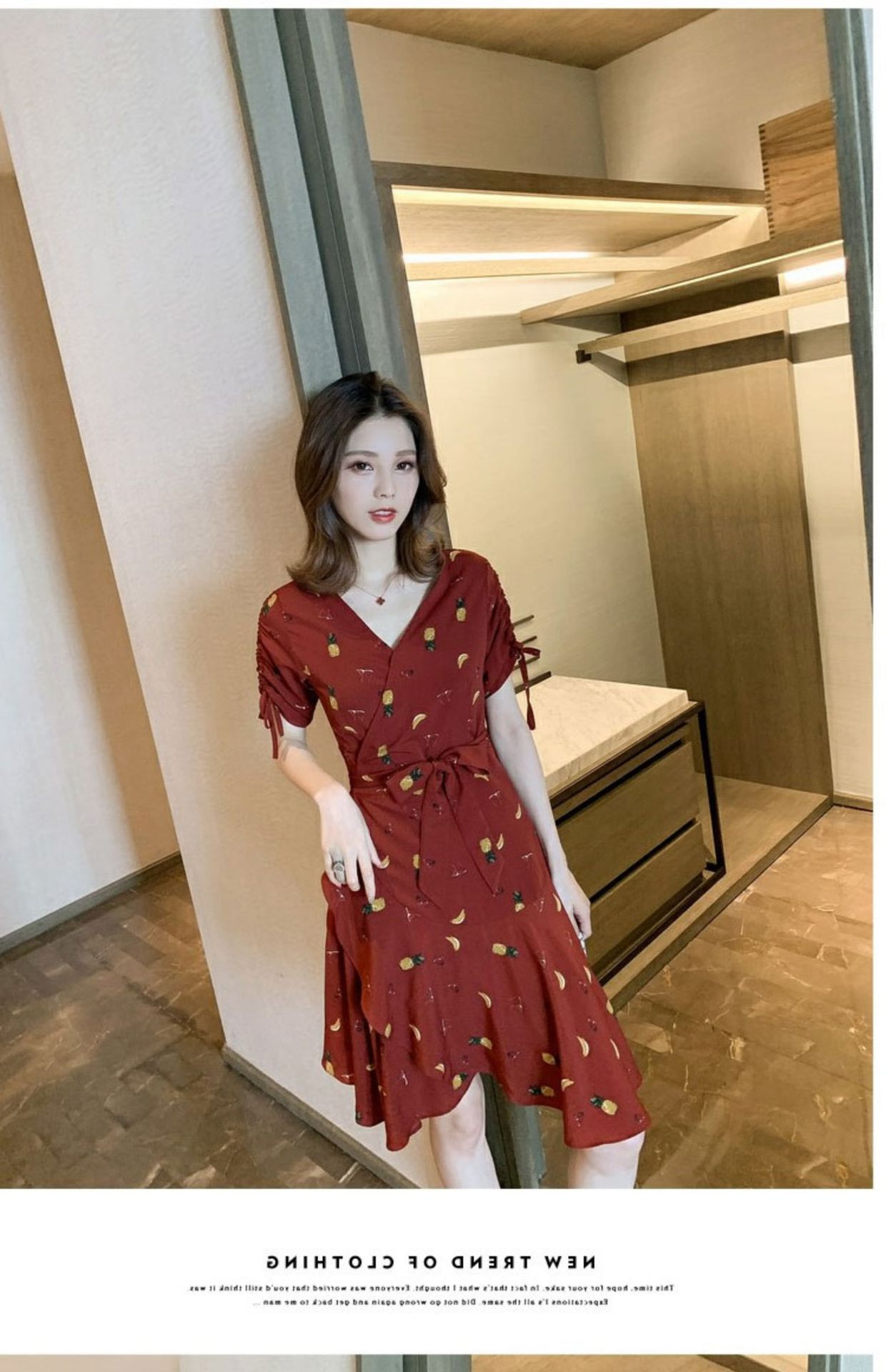 Đầm Midi Chữ A Tay Ngắn Cổ Chữ V Phối Bèo Chiết Eo Họa Tiết Trái Cây Phong Cách Hàn Quốc Size M-2xl Cho Nữ