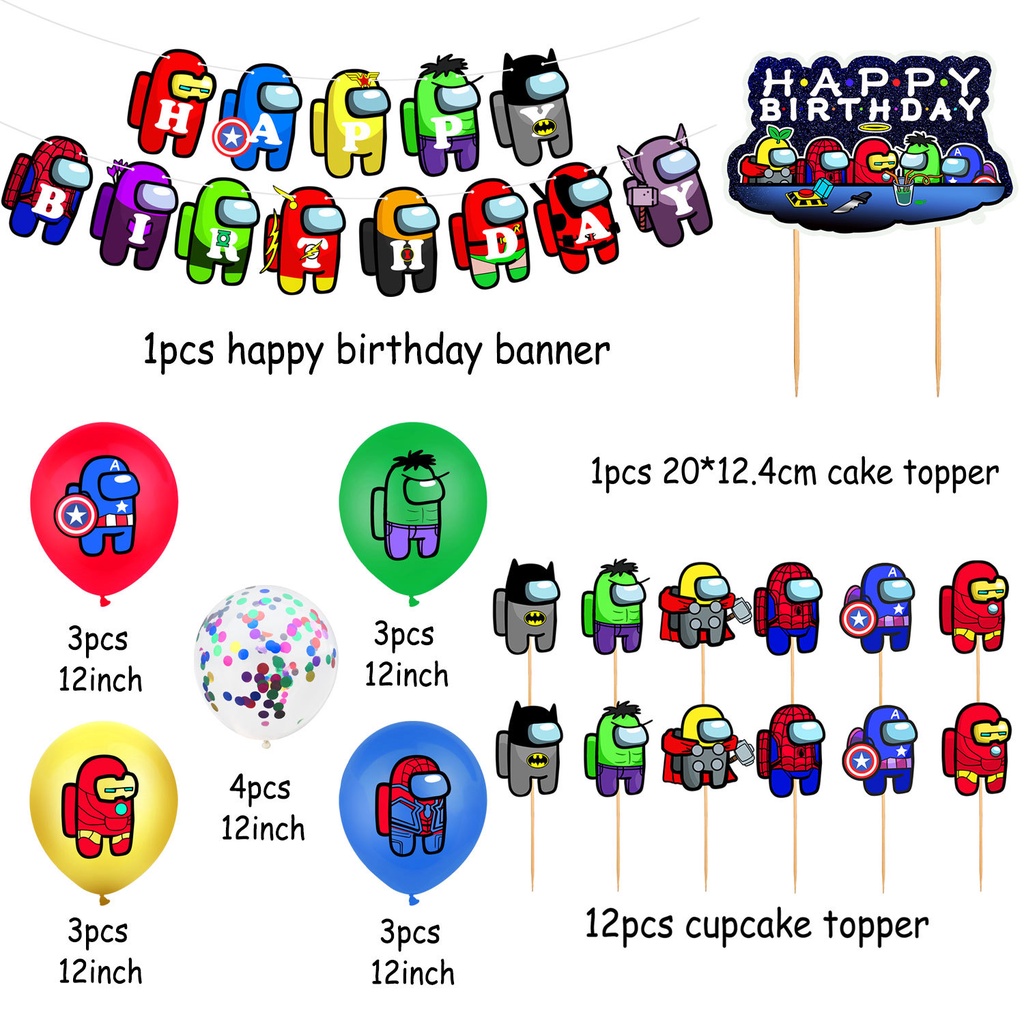Set phụ kiện trang trí bánh sinh nhật / bong bóng / dải banner chủ đề Among Us Superhero ngộ nghĩnh cho bé