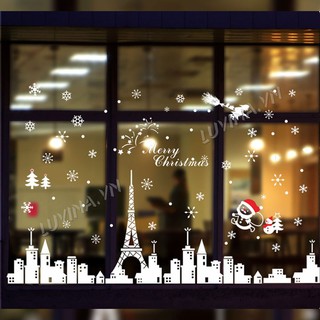 Decal dán kính trang trí Noen, cửa hàng, lớp học mầm non- Tháp efen trắng