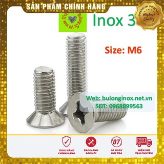 Vít pake đầu bằng inox size M6 , ốc 4 cạnh đầu non inox, ốc vặn tua vít đầu bằng thân bulong, inox 304