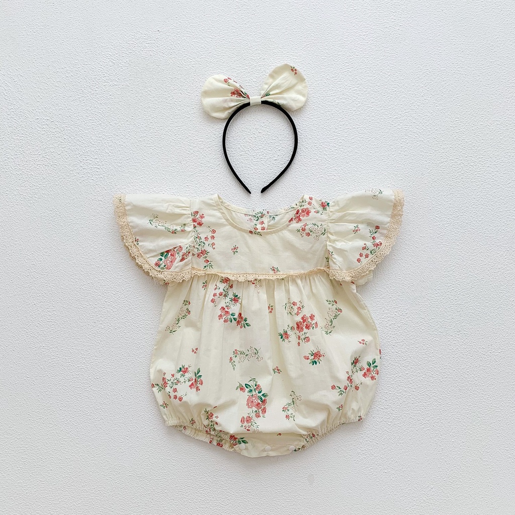 Bộ Áo Liền Quần Tay Cánh Tiên In Hoa + Băng Đô Cài Tóc Cho Bé Gái