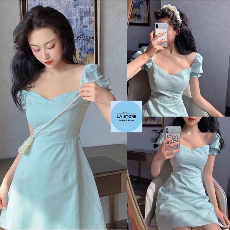 Váy Cổ Tim Tay Bồng Màu Xanh Bạc Hà [Ảnh thật cuối]