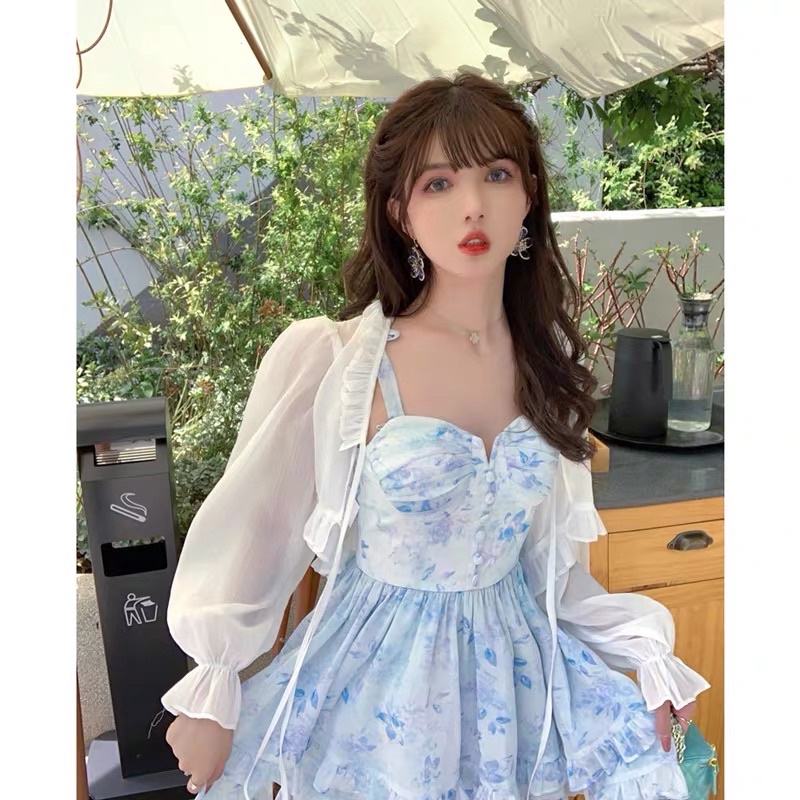 Váy 2 Dây Xoè Tầng Màu Xanh Blue Kèm Áo Khoác Mỏng Nhẹ (hàng loại 1 có mút) Đầm Xoè Dáng Ngắn