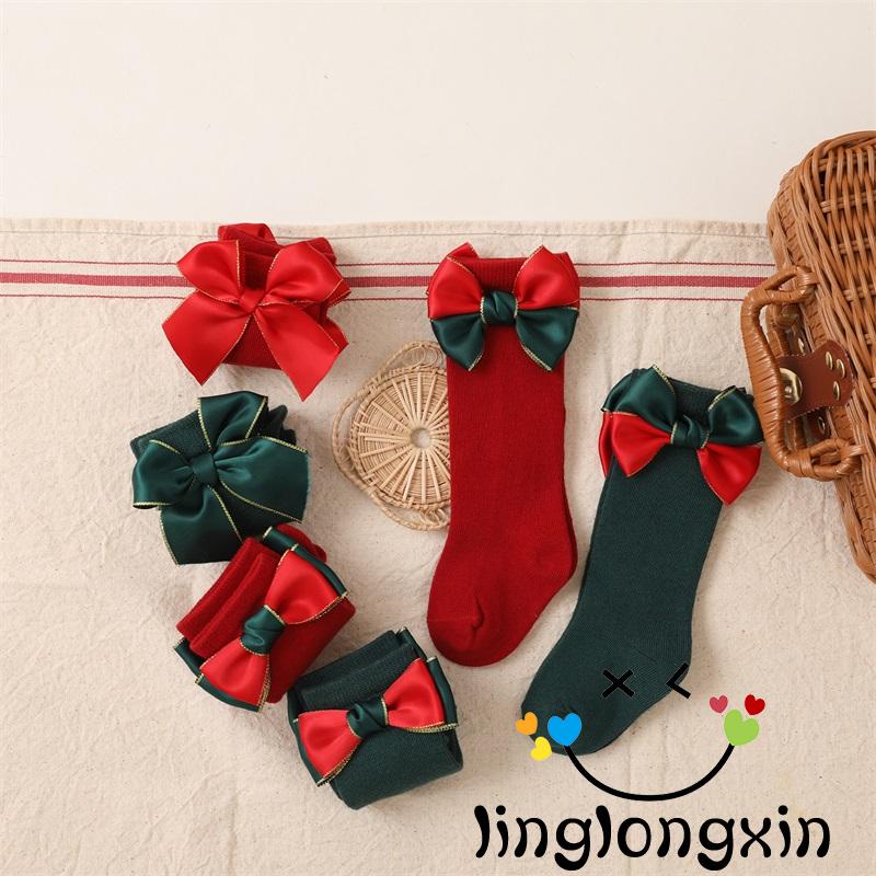 Set 2 đôi vớ dài trung bình đính nơ trang trí Giáng Sinh dành cho bé trai gái 0-4 tuổi