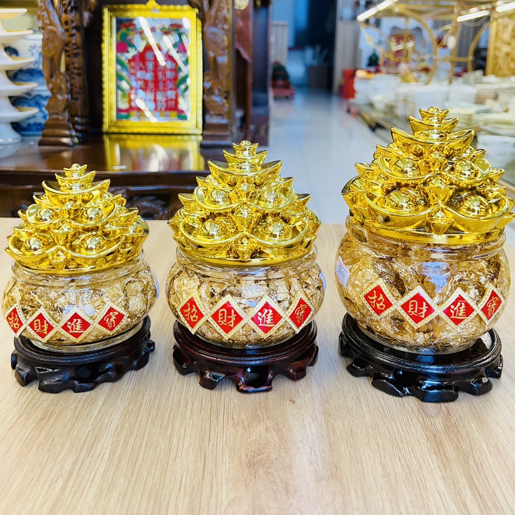 Bát Tụ Bảo Tròn Nước Vàng Lá Thỏi Vàng , Hũ Nước Vàng Thần Tài, Túi Vàng Lá Thần Tài Hút Tài Lộc