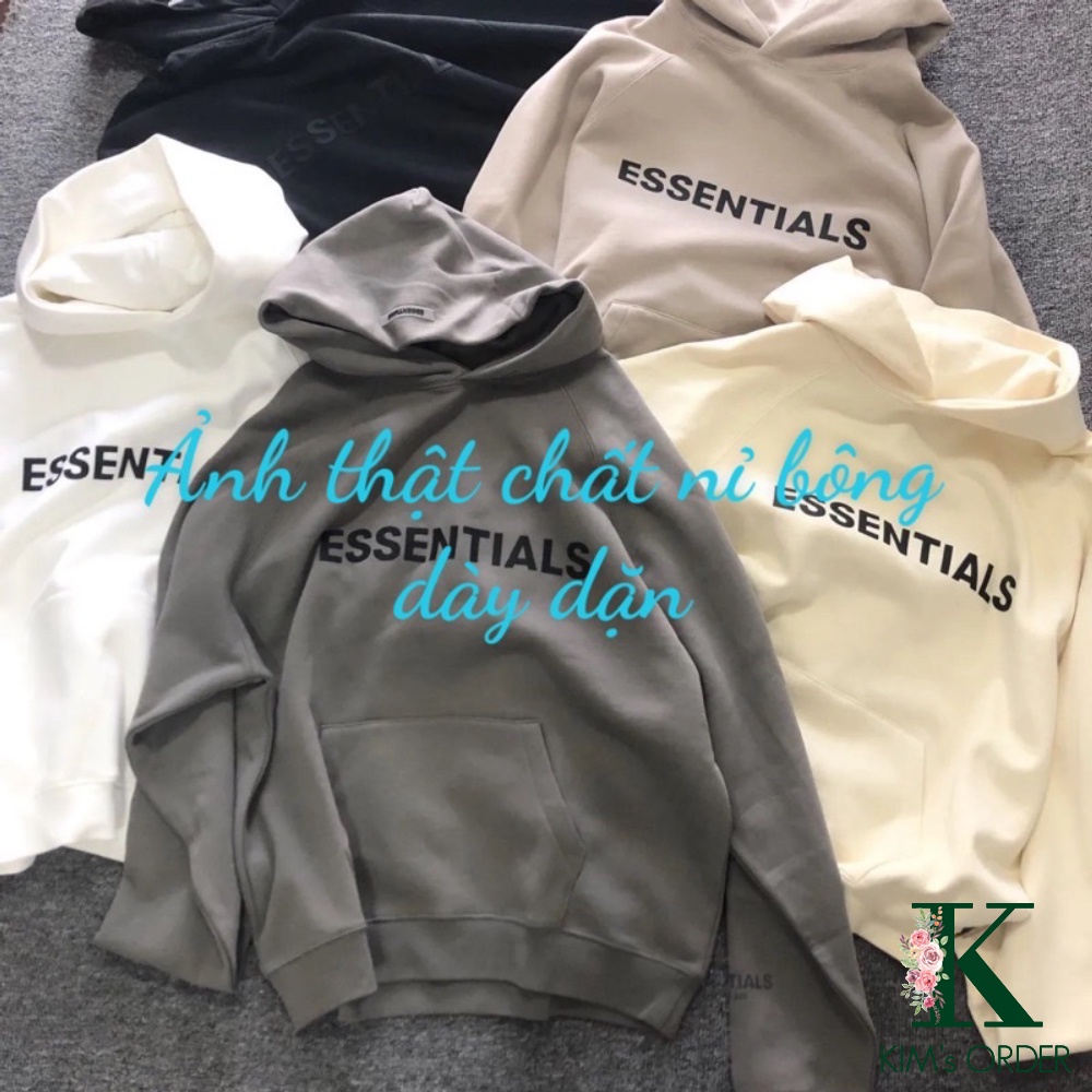 Áo hoodie Unisex chữ ESSENTIALS màu đen trắng be xám đậm chất nỉ bông có mũ dài tay phong cách Ulzzang form rộng