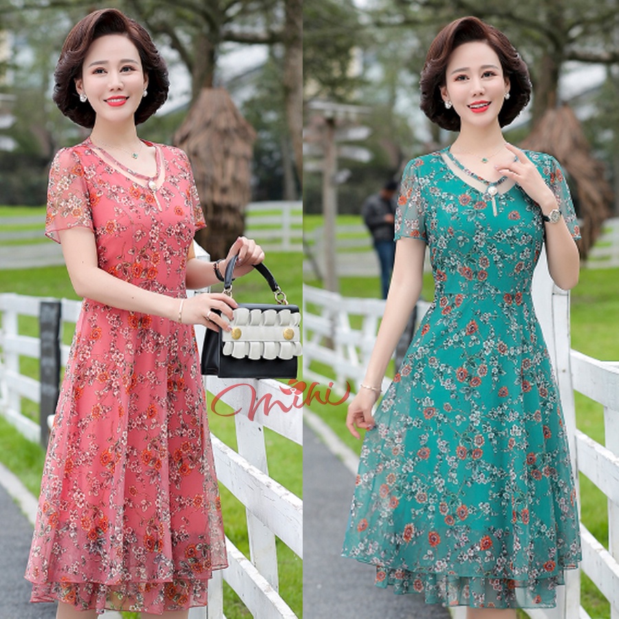 Váy Đầm trung niên nữ cho mẹ phối hoa cao cấp V81b- Áo đầm kiểu thời trang dự tiệc dạ hội đẹp cho người lớn tuổi Bigsize
