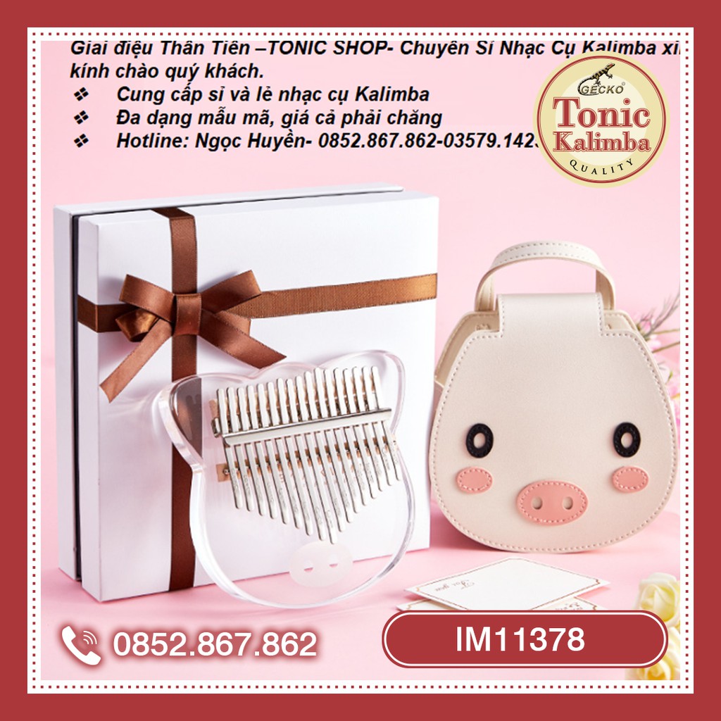 [Qùa tặng] Hộp quà đàn kalimba 17 phím Pha lê trong suốt Pig &amp; Cat Little IM11378- Đầy đủ phụ kiện, Âm vang ấm