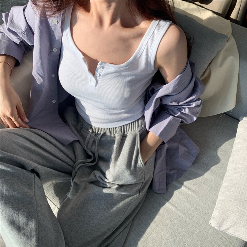 Áo Croptop Dệt Kim Sát Nách Dáng Ôm Cài Khuy Trước Kiểu Pháp Quyến Rũ Cho Bạn Gái