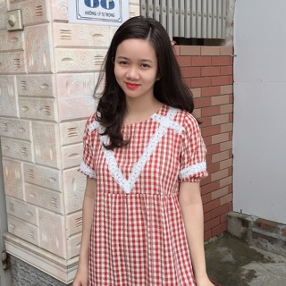 Váy bầu pha ren kẻ caro trẻ trung