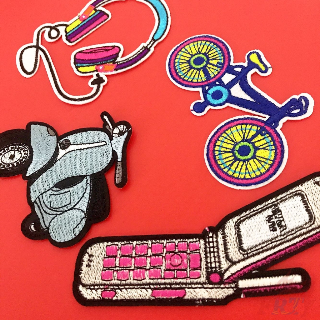 Hình dán vải ủi khâu hình xe đạp/ xe máy/ tai nghe/ điện thoại đa dạng