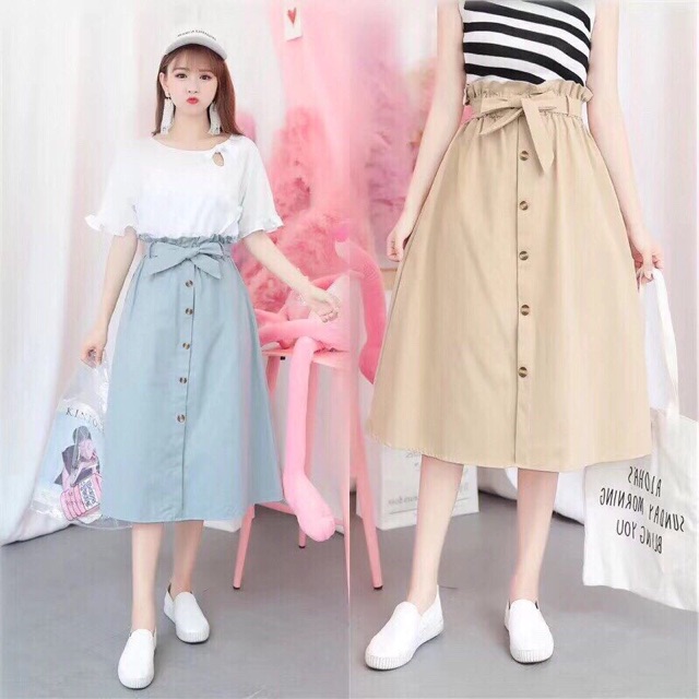 Chân váy kaki nơ bản khuy gỗ hàng Quảng Châu