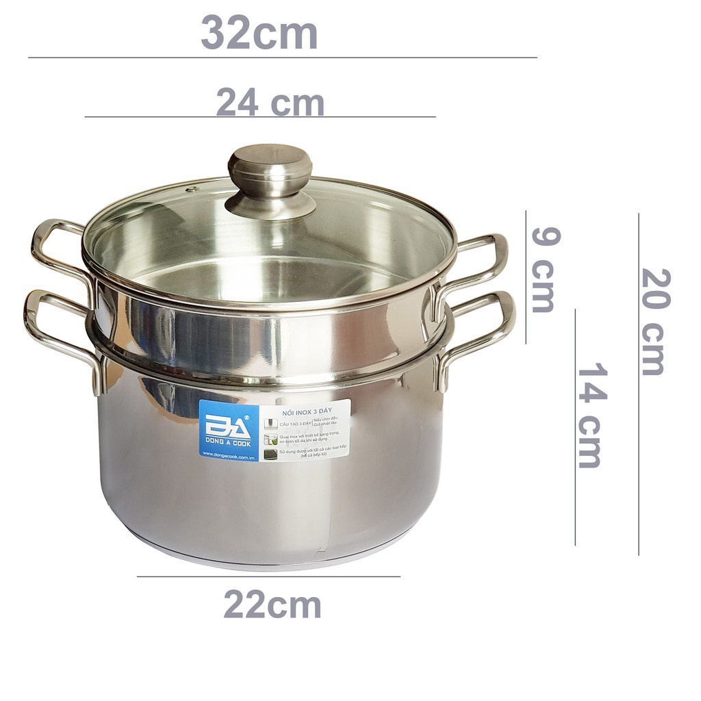 Bộ Nồi Xửng Hấp Gà Nấu Xôi 2 Tầng Inox Đông Á Đáy Từ Cao Cấp - Dùng Được Bếp Từ