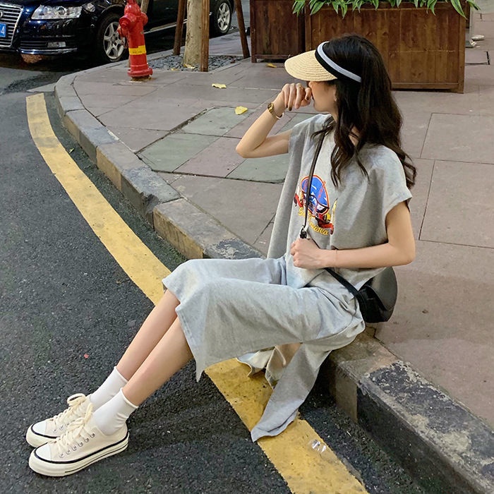 Jiashucheng Đầm Ngủ Dáng Rộng Dài Qua Gối Không Tay Xẻ Tà Mùa Hè Kích Thước Lớn Có Thể Đáng Loáng Cho Nữ