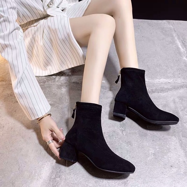 Giày Bốt Da Lộn Nữ,Boots Cao Cổ Đế Vuông  5cm, Có Khoá Kéo GB02