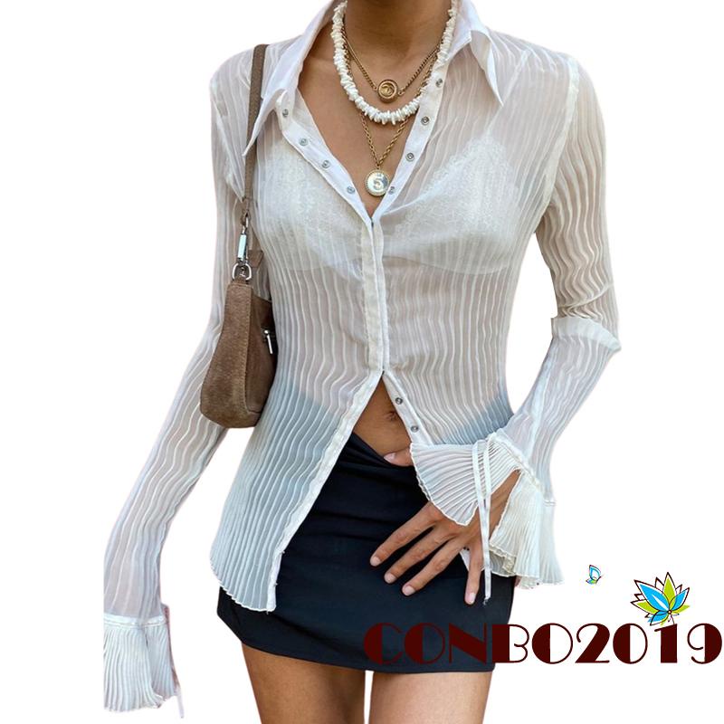 Áo Thun Tay Loe Dài Cổ Bẻ Màu Sắc Retro Thời Trang Mùa Thu Dành Cho Nữ