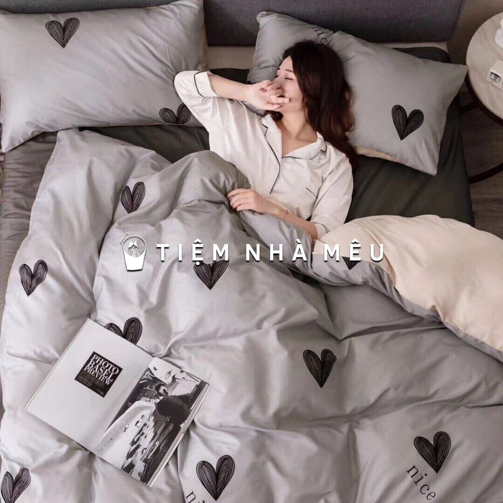 ( Freeship - Tặng kèm túi đựng ) Bộ Chăn Ga Gối Cotton Living✨ m6/m8/2m✨Sét 4 Món Cotton 100% Trái Tim Xám Tiệm Nhà Mêu