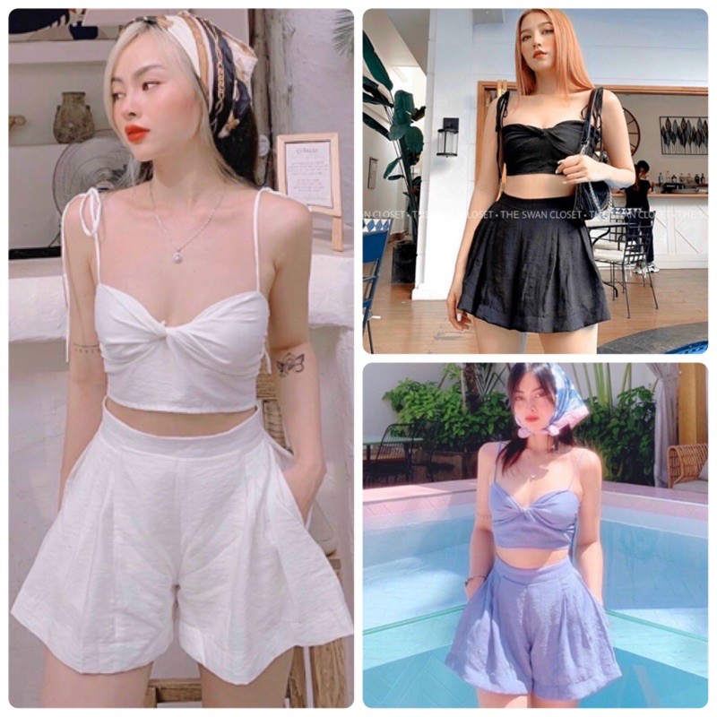 SET ÁO CROP HAI DÂY CỘT NƠ NGỰC QUẦN SHORT (KÈM VIDEO HÌNH THẬT)