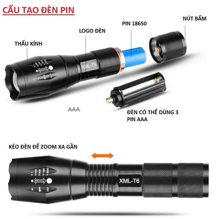 Đèn pin mini led câm tay XML-T6 kèm pin Ultra Fire 3.7v 6800mAh