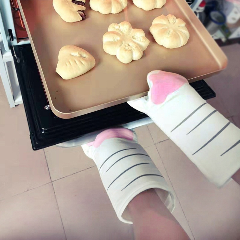 Aoto Găng Tay Làm Bếp Bằng Cotton Chống Trượt Chịu Nhiệt Hình Dấu Chân Mèo