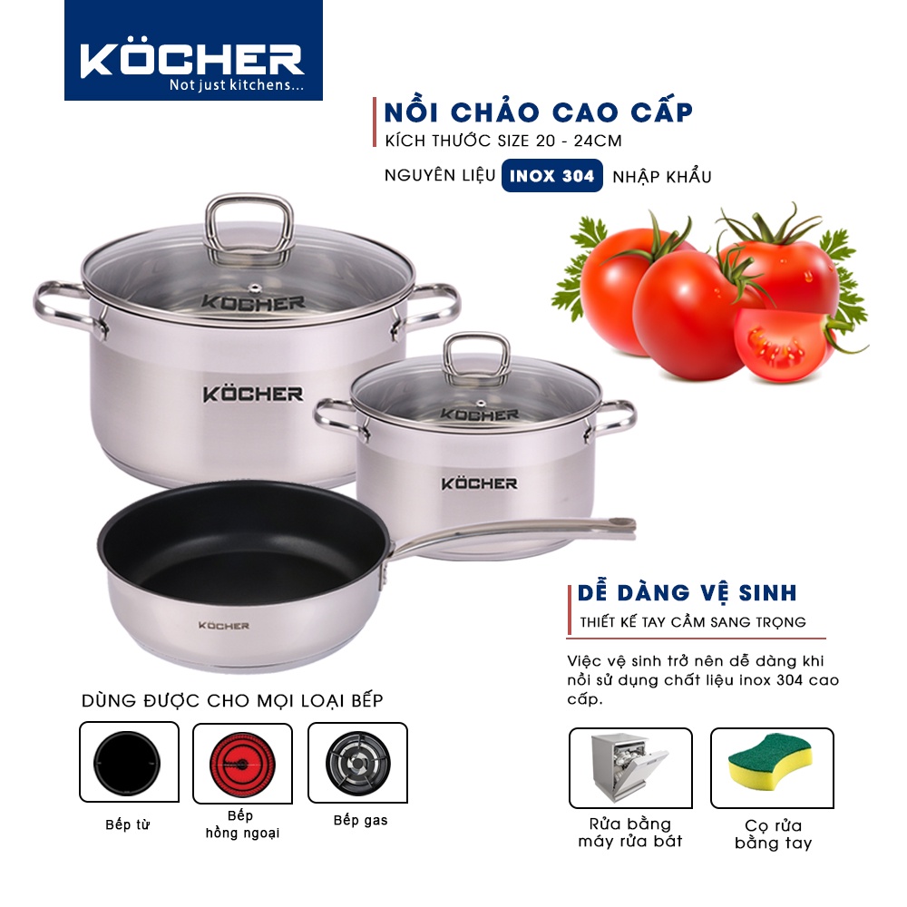 Bộ nồi inox 5 đáy kèm chảo chống dính bếp từ cao cấp KOCHER size 24cm