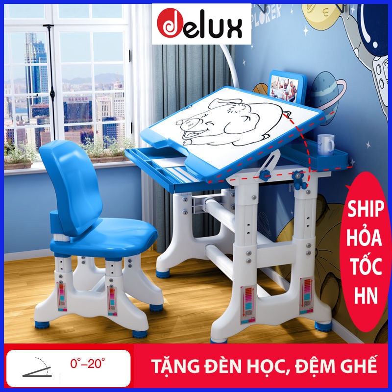 Bộ bàn học thông minh Delux B, bàn học chống gù cho học sinh tiểu học (Tặng đèn học + đệm hình thú)