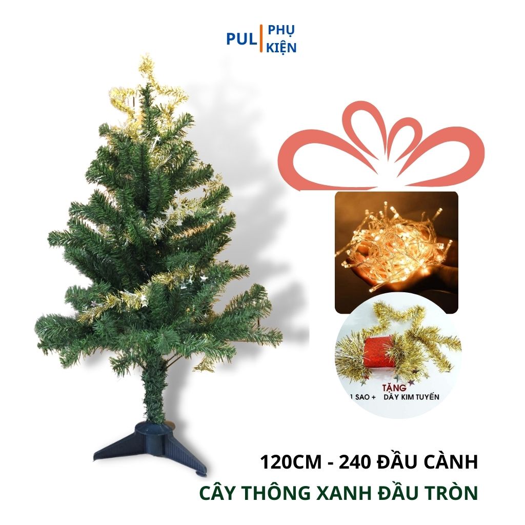 Cây thông noel 1m2 mini để bàn kèm đèn led vàng lung linh, ngôi sao đỉnh và dây kim tuyến trang trí noel xinh xắn