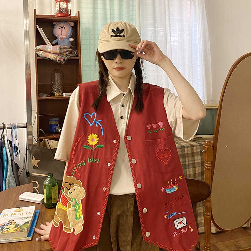 Áo Khoác Sát Nách Dáng Rộng Thêu Hình Gấu Và Hoa Phong Cách Hip Hop Thời Trang Cho Nữ | BigBuy360 - bigbuy360.vn