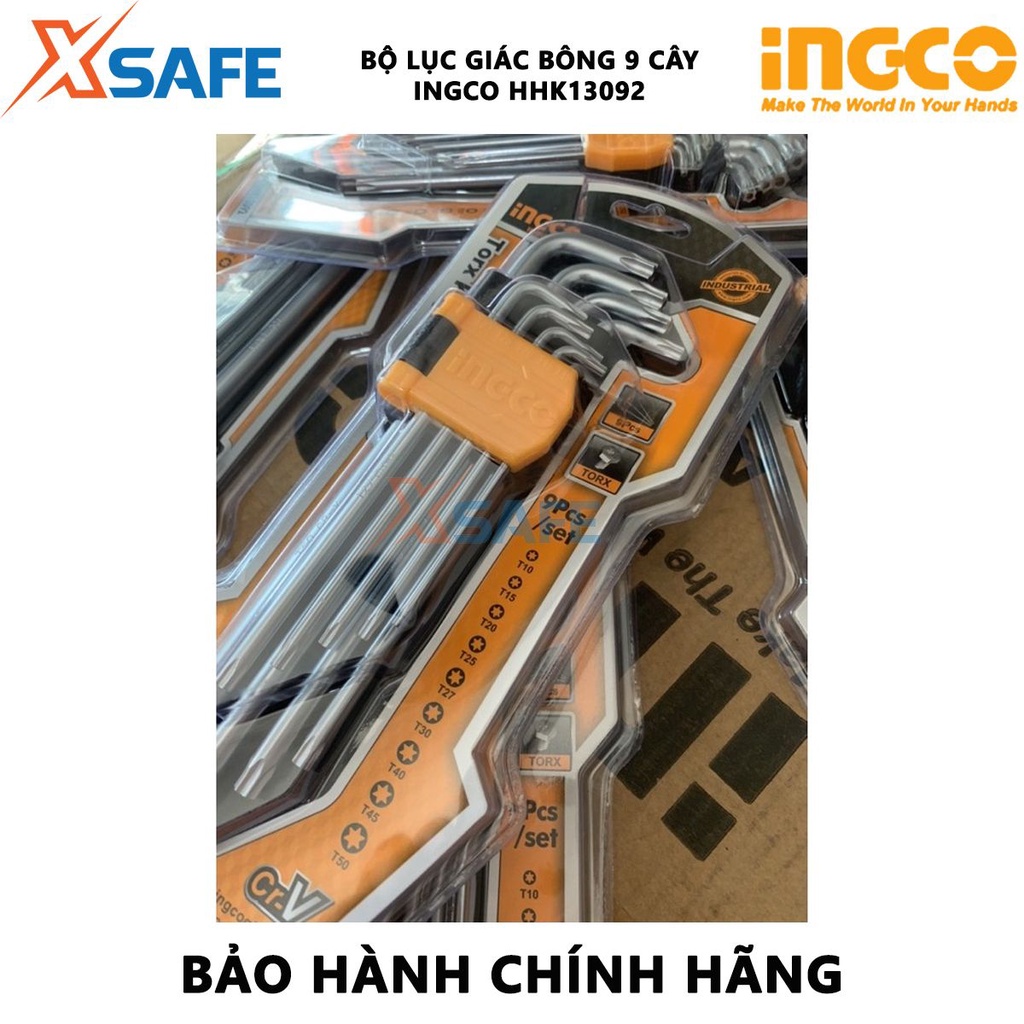 Bộ 9 chìa lục giác bông INGCO HHK13092 Bộ lục giác chất liệu CR-V, size T10-T50, chịu nhiệt, được mạ thép chrome - XSAFE