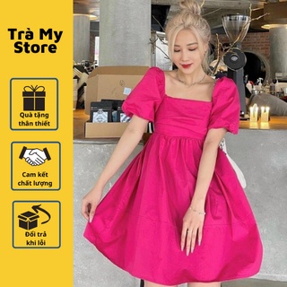 Đầm babydoll cổ vuông tay bồng xếp li ngực váy xòe nữ nơ lưng D01