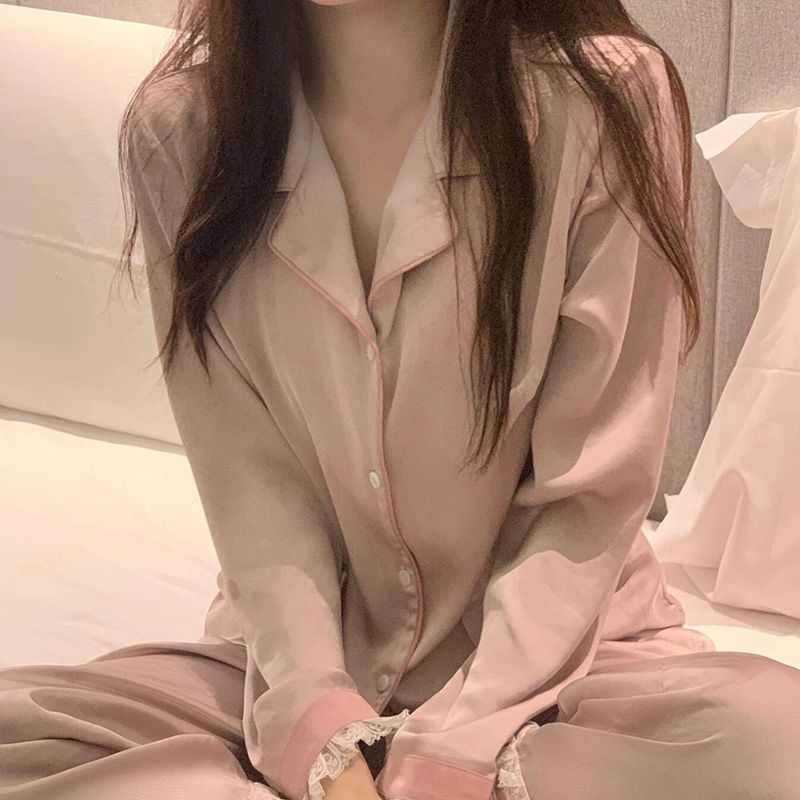 Bộ Đồ Ngủ Vải cotton Hai Mảnh Áo Tay Dài Phối Ren Màu Sắc Ngọt Ngào Phong Cách Pháp Thời Trang Xuân Thu Cho Nữ