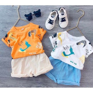 Bộ Cộc Tay Cho Bé Trai Hình In Khủng Long 2 Màu Trắng Cam Cực Đẹp V293 - Unchi Store