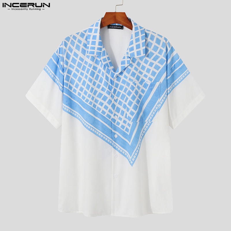 Áo sơ mi INCERUN tay ngắn cài nút họa tiết caro màu xanh dương thời trang cho nam