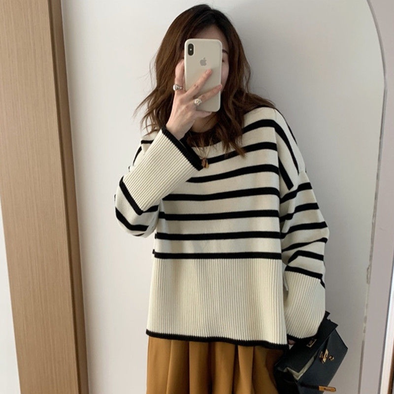 Áo sweater dệt kim tay dài form rộng xẻ tà họa tiết kẻ sọc thời trang thu đông 6001