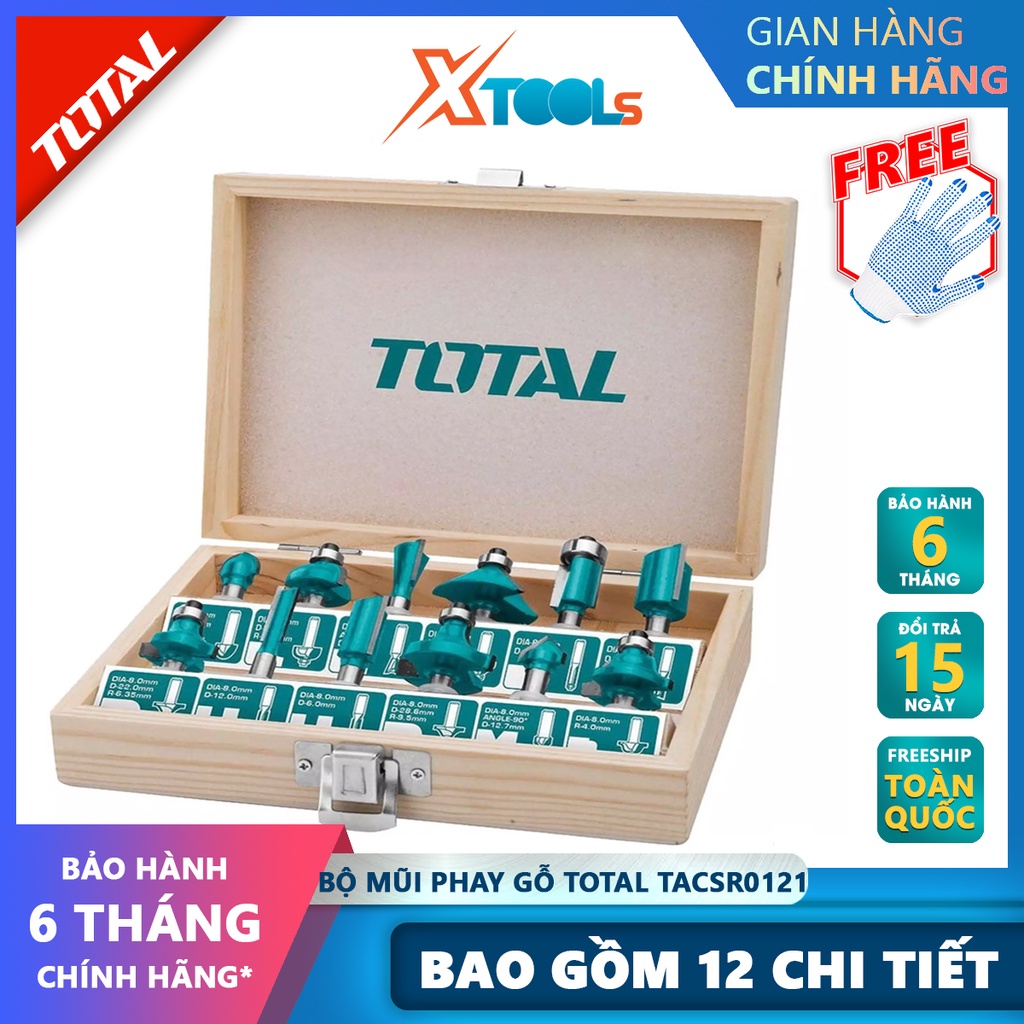 Bộ mũi phay gỗ TOTAL bộ mũi phay soi gỗ Đường kính mũi từ  6mm- 12mm, trọng lượng 1kg, tạo rãnh và bậc, bề mặt định hình